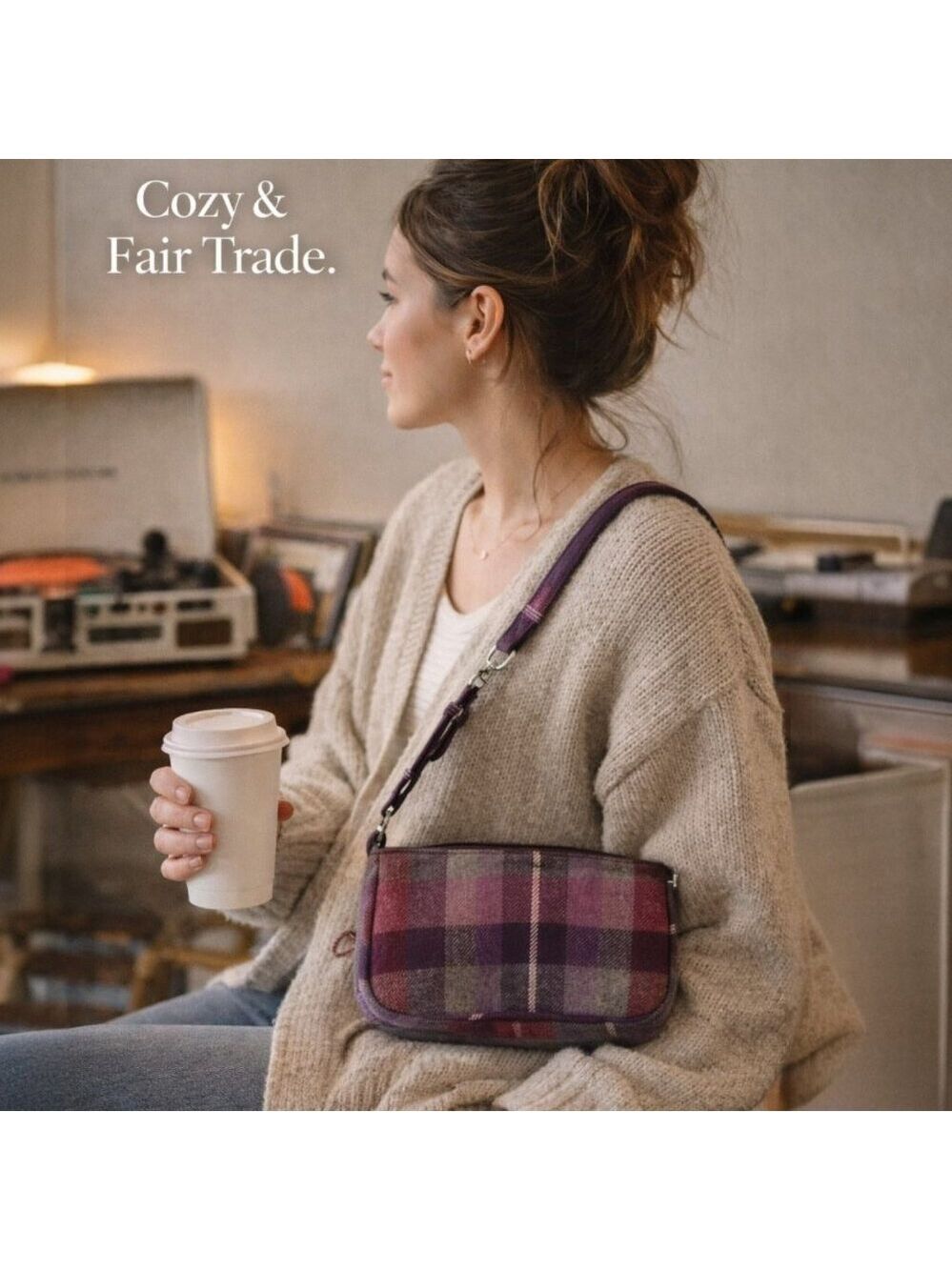 Earth Squared Wool Plaid Crossbody Bag | Fair Trade | Purple Burgundy Mini Purse